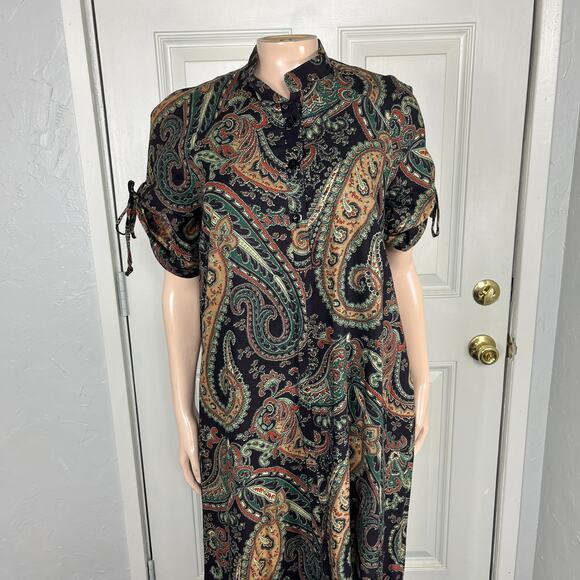 Vintage 70s Dress Floral Handmade Paisley Cotton Ruched sleeves Button O8 - Picture 2 of 7